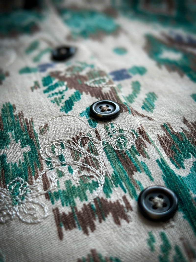 Ikat Print Button-Down Tunic with Embroidery