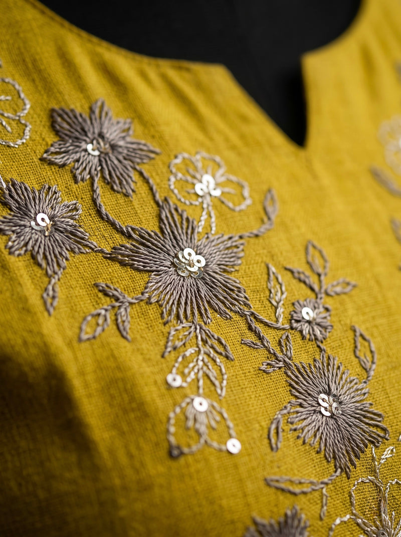 Mustard Tunic with Grey Floral Embroidery