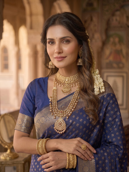 Royal Blue Banarasi Silk Saree with Golden Zari Butti Work, Woven Border & Rich Designer Pallu for Women