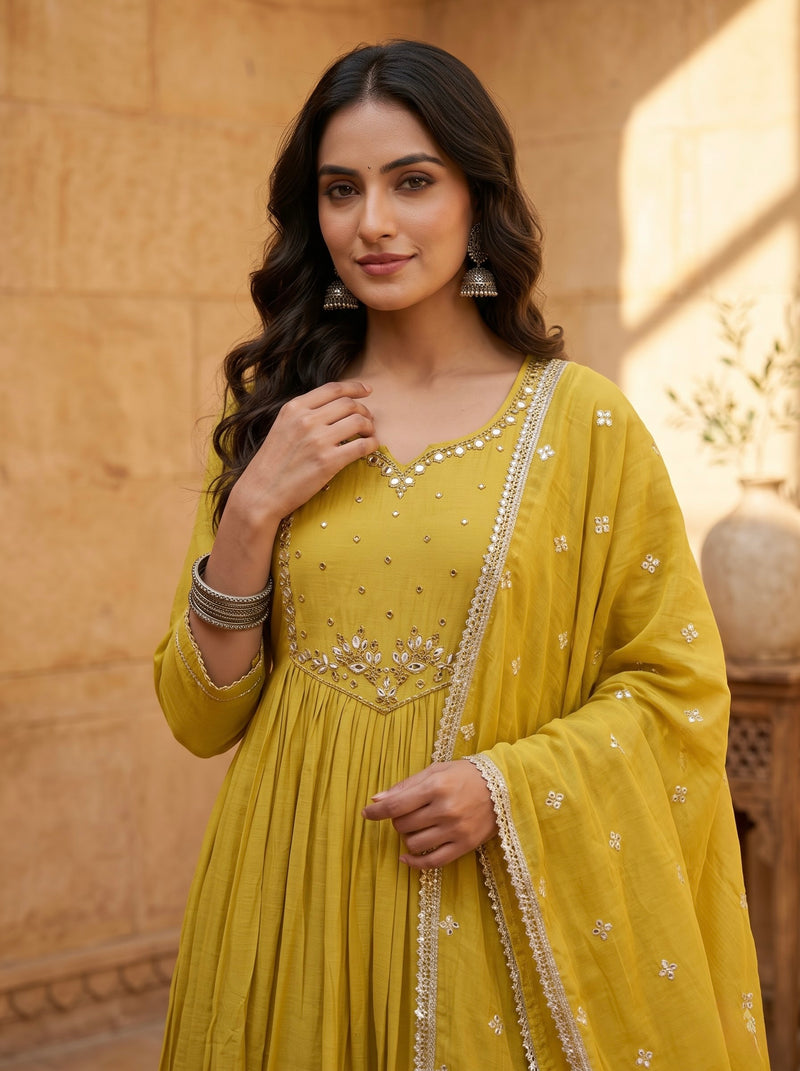 Mustard Yellow Anarkali Suit with Silver Beadwork