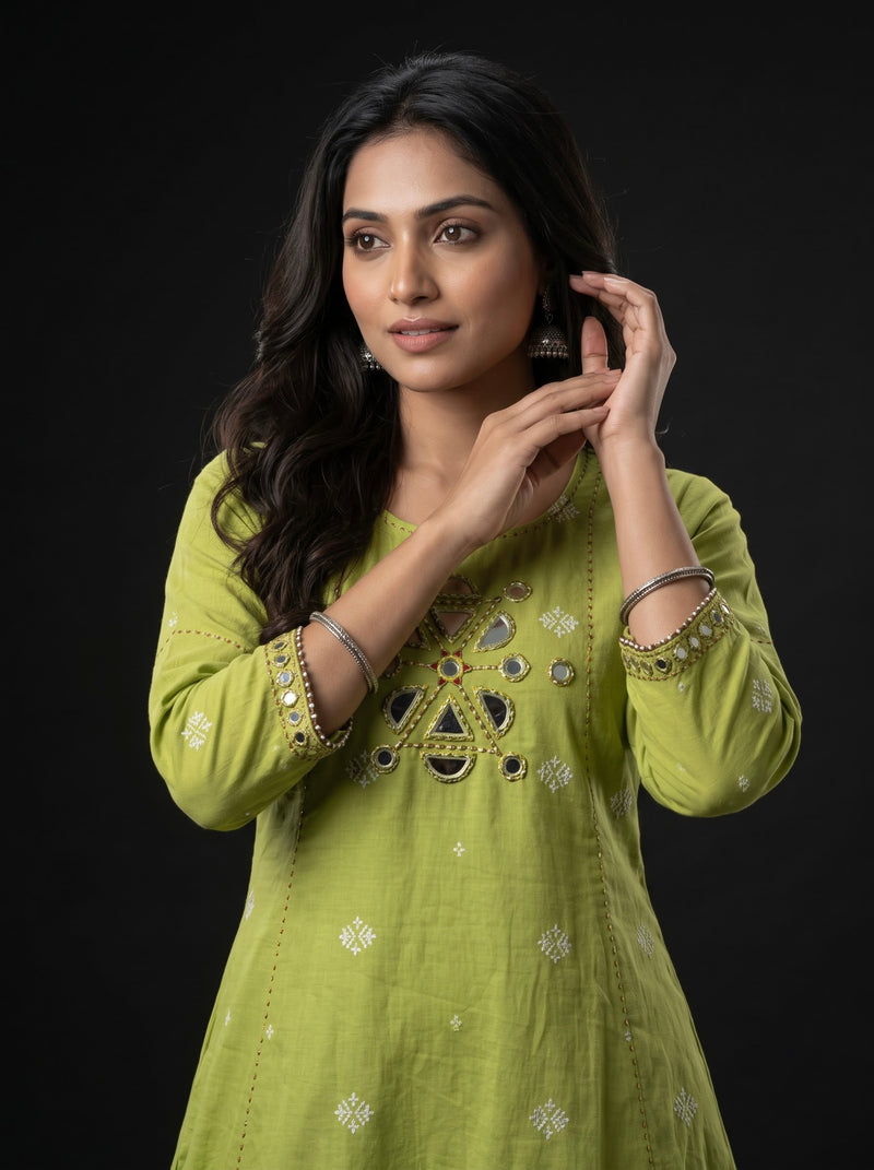Lime Green Mirror-Work Kurta with Striped Palazzo