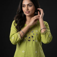 Lime Green Mirror-Work Kurta with Striped Palazzo