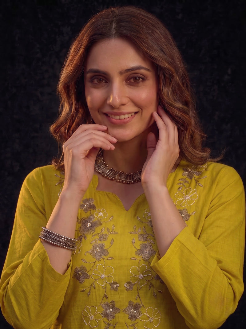 Mustard Tunic with Grey Floral Embroidery