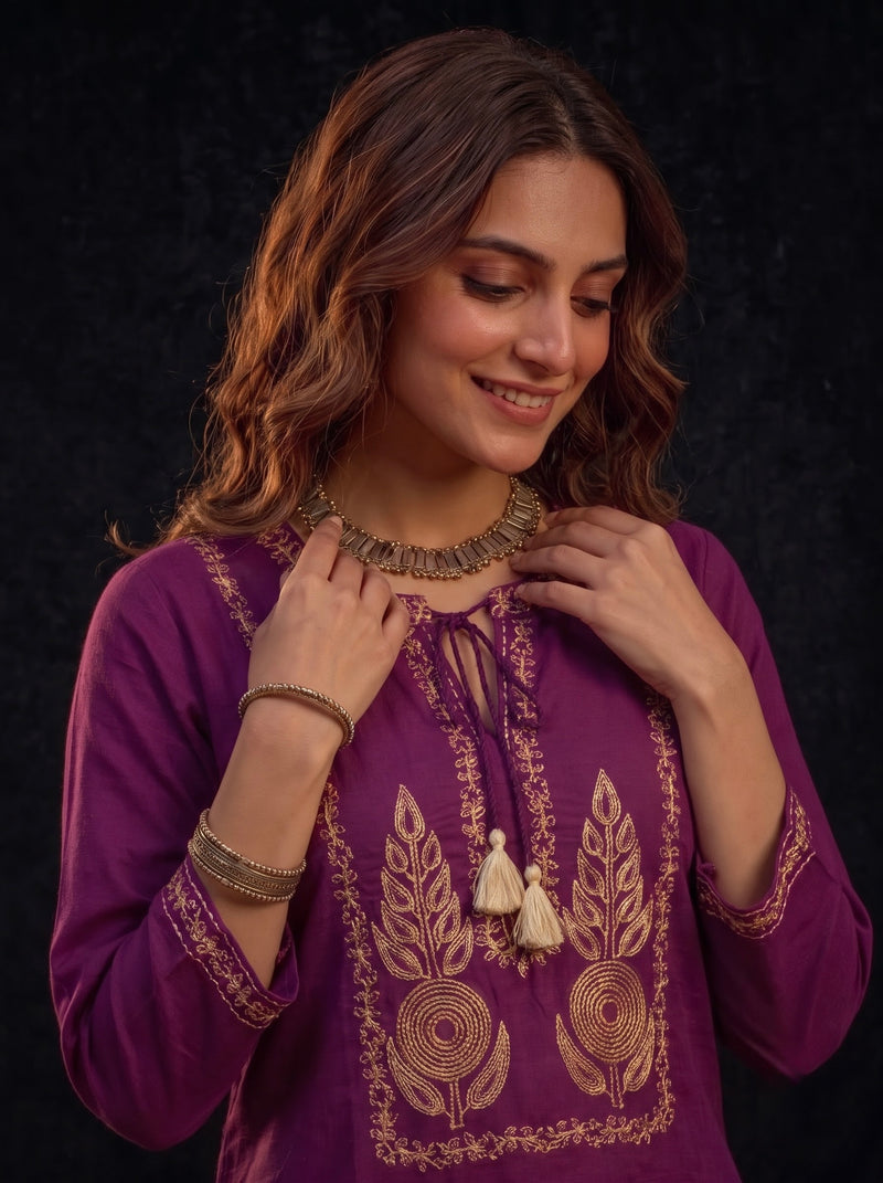 Magenta Kurta with Gold Embroidery and Tassel Tie