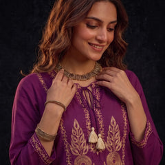 Magenta Kurta with Gold Embroidery and Tassel Tie
