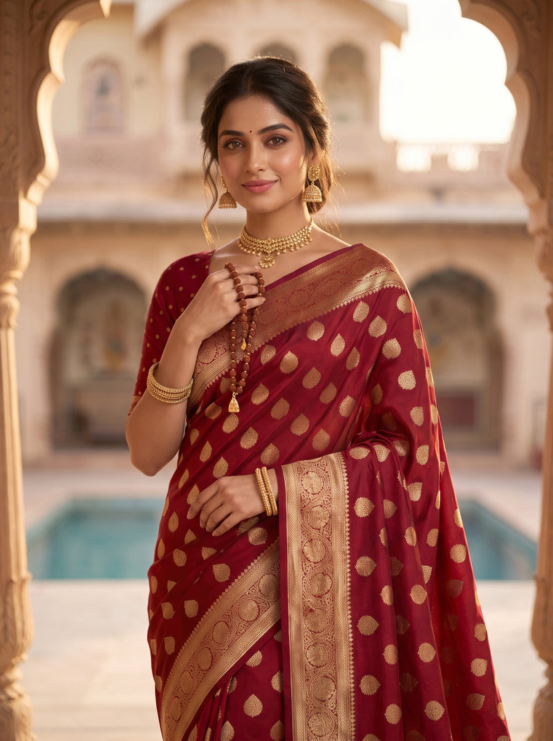 Maroon Red Banarasi Silk Saree with Golden Zari Butti Work, Rich Woven Border & Traditional Designer Pallu for Women