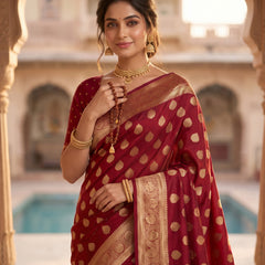 Maroon Red Banarasi Silk Saree with Golden Zari Butti Work, Rich Woven Border & Traditional Designer Pallu for Women