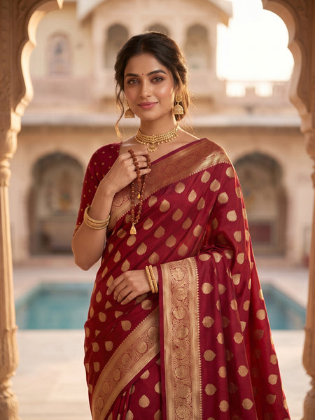 Maroon Red Banarasi Silk Saree with Golden Zari Butti Work, Rich Woven Border & Traditional Designer Pallu for Women