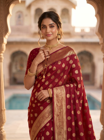 Maroon Red Banarasi Silk Saree with Golden Zari Butti Work, Rich Woven Border & Traditional Designer Pallu for Women