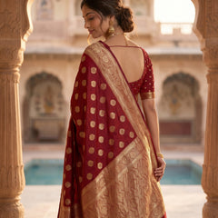 Maroon Red Banarasi Silk Saree with Golden Zari Butti Work, Rich Woven Border & Traditional Designer Pallu for Women
