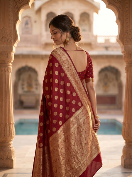 Maroon Red Banarasi Silk Saree with Golden Zari Butti Work, Rich Woven Border & Traditional Designer Pallu for Women