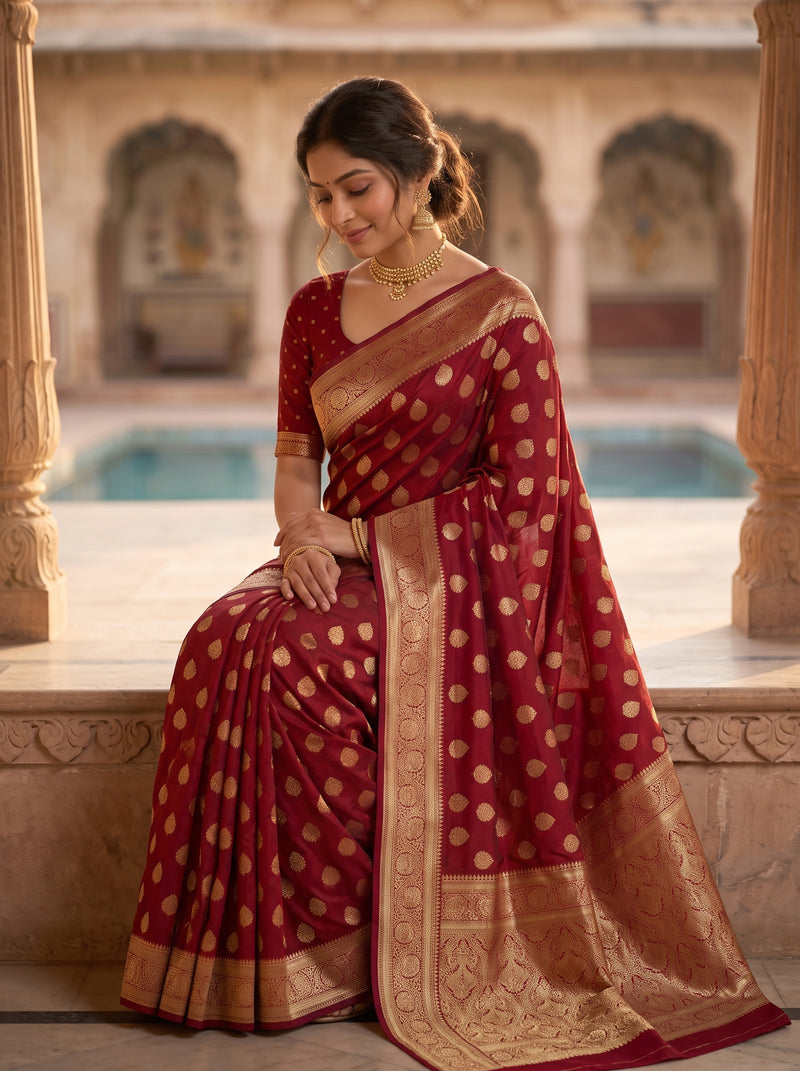 Maroon Red Banarasi Silk Saree with Golden Zari Butti Work, Rich Woven Border & Traditional Designer Pallu for Women