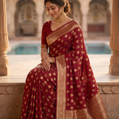 Maroon Red Banarasi Silk Saree with Golden Zari Butti Work, Rich Woven Border & Traditional Designer Pallu for Women