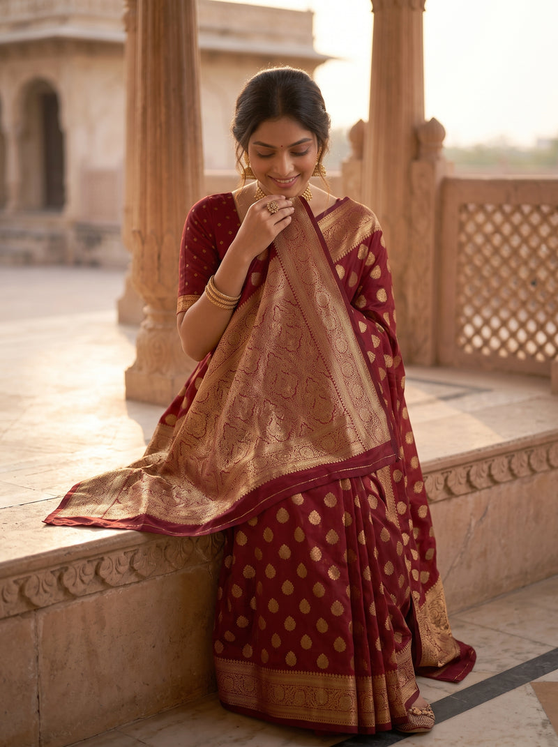 Maroon Red Banarasi Silk Saree with Golden Zari Butti Work, Rich Woven Border & Traditional Designer Pallu for Women