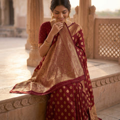 Maroon Red Banarasi Silk Saree with Golden Zari Butti Work, Rich Woven Border & Traditional Designer Pallu for Women