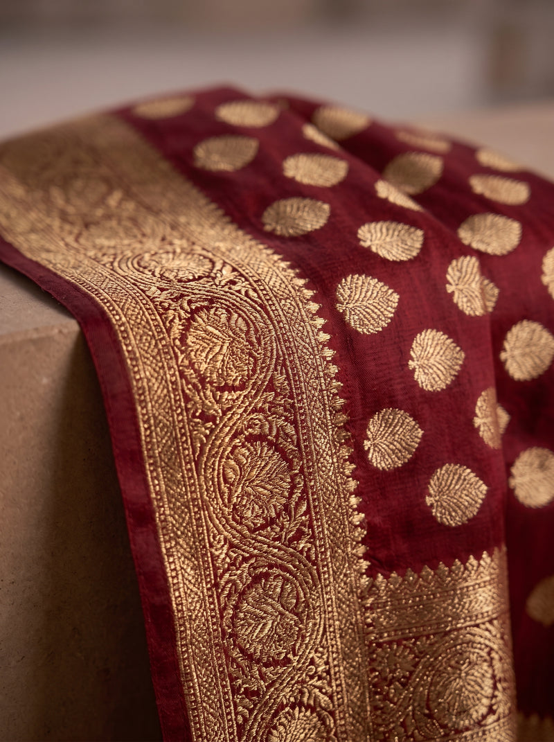 Maroon Red Banarasi Silk Saree with Golden Zari Butti Work, Rich Woven Border & Traditional Designer Pallu for Women