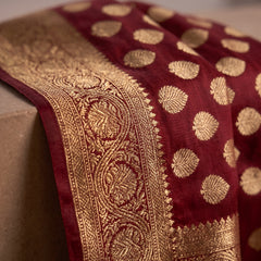 Maroon Red Banarasi Silk Saree with Golden Zari Butti Work, Rich Woven Border & Traditional Designer Pallu for Women