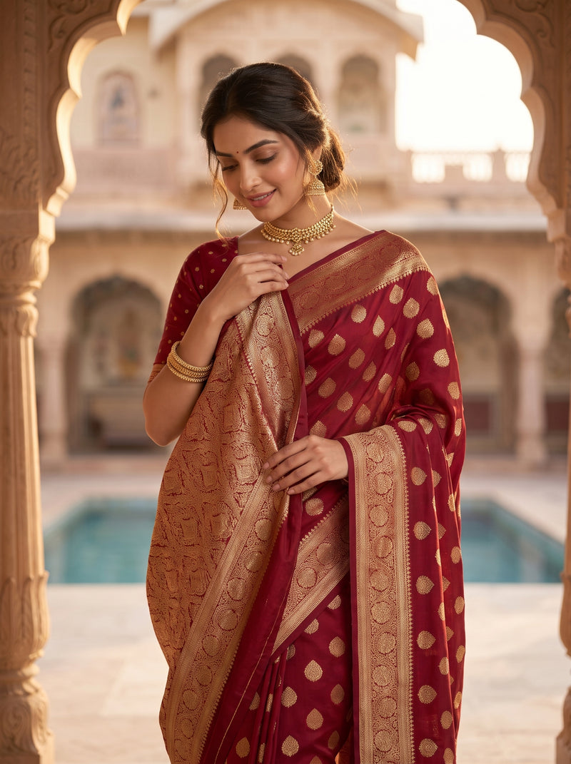 Maroon Red Banarasi Silk Saree with Golden Zari Butti Work, Rich Woven Border & Traditional Designer Pallu for Women