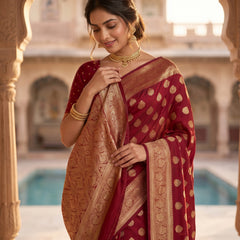 Maroon Red Banarasi Silk Saree with Golden Zari Butti Work, Rich Woven Border & Traditional Designer Pallu for Women