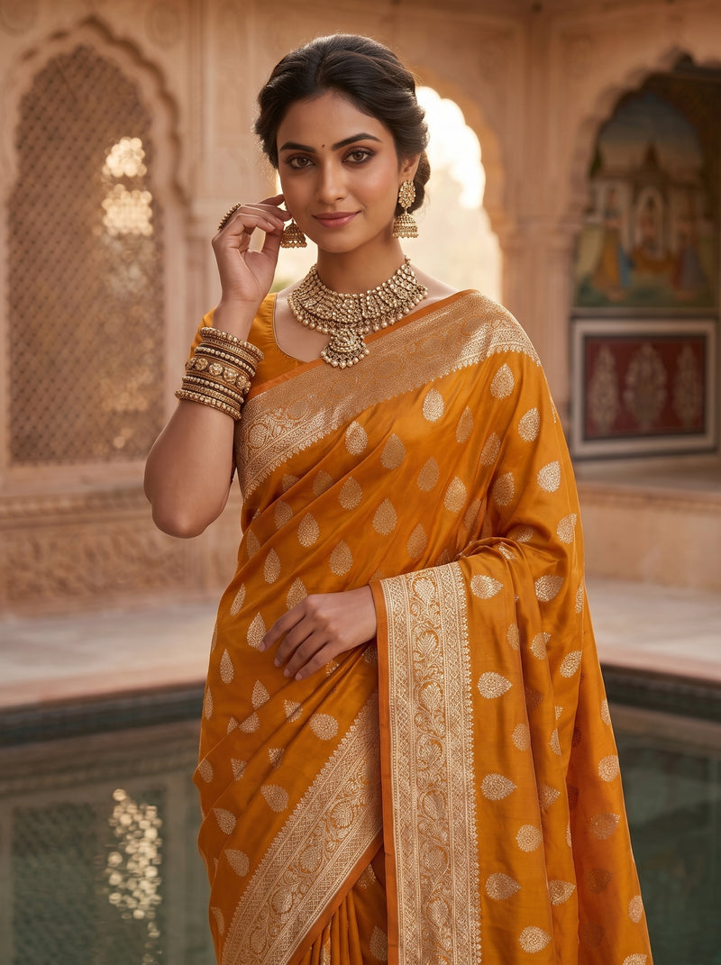 Mustard Yellow Banarasi Silk Saree with Golden Zari Butti Work, Woven Border & Traditional Designer Pallu for Women