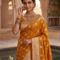 Mustard Yellow Banarasi Silk Saree with Golden Zari Butti Work, Woven Border & Traditional Designer Pallu for Women