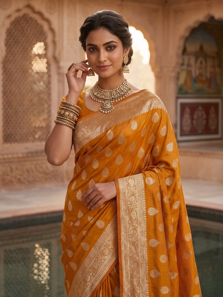 Mustard Yellow Banarasi Silk Saree with Golden Zari Butti Work, Woven Border & Traditional Designer Pallu for Women