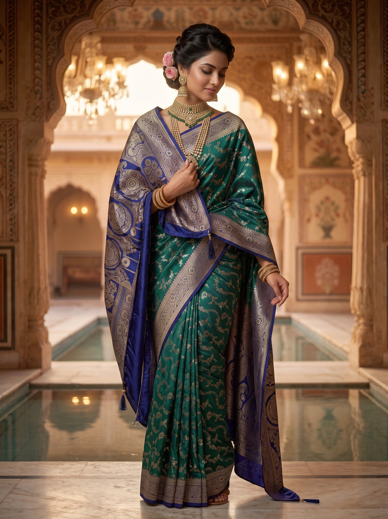 Royal Emerald Green Art Silk Banarasi Saree with Sapphire Blue Contrast Border & Pallu