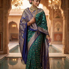 Royal Emerald Green Art Silk Banarasi Saree with Sapphire Blue Contrast Border & Pallu
