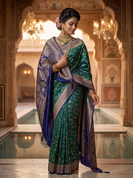 Royal Emerald Green Art Silk Banarasi Saree with Sapphire Blue Contrast Border & Pallu