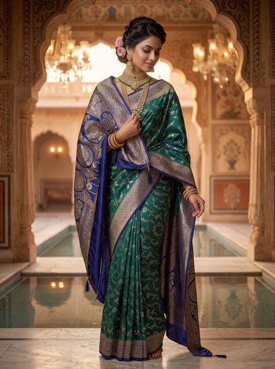 Emerald Green Art Silk Banarasi Saree with Sapphire Blue Contrast Border & Pallu