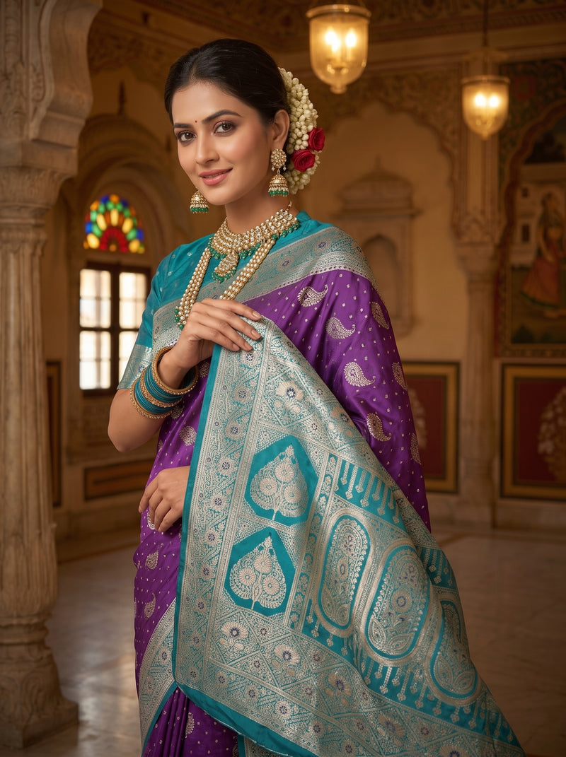 Royal Purple Art Silk Banarasi Saree with Peacock Blue Contrast Border & Blouse Piece