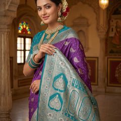 Royal Purple Art Silk Banarasi Saree with Peacock Blue Contrast Border & Blouse Piece
