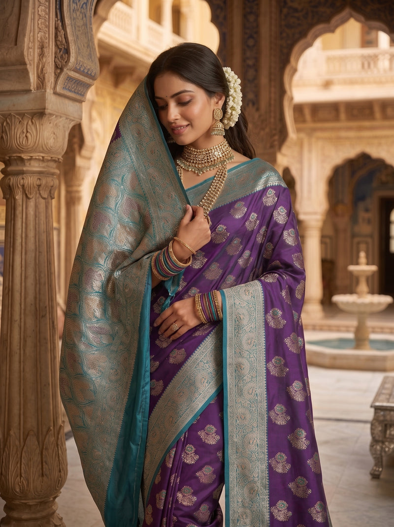 Majestic Bottle Green Art Silk Banarasi Saree with Crimson Red Contrast Border & Blouse Piece