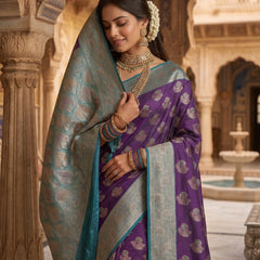 Majestic Bottle Green Art Silk Banarasi Saree with Crimson Red Contrast Border & Blouse Piece