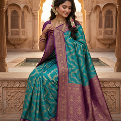 Peacock Teal Blue Art Silk Banarasi Saree with Deep Purple Contrast Pallu & Blouse Piece