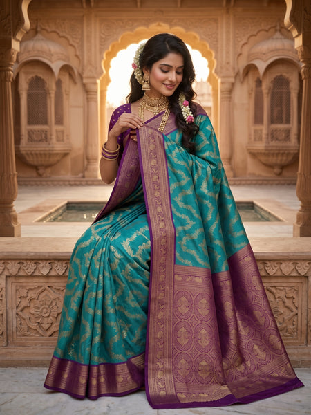 Peacock Teal Blue Art Silk Banarasi Saree with Deep Purple Contrast Pallu & Blouse Piece