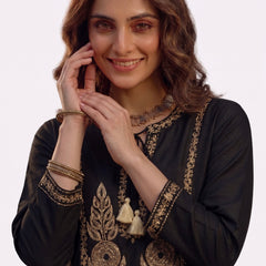 Black Kurta with Gold Zari Embroidery and Tassel Tie