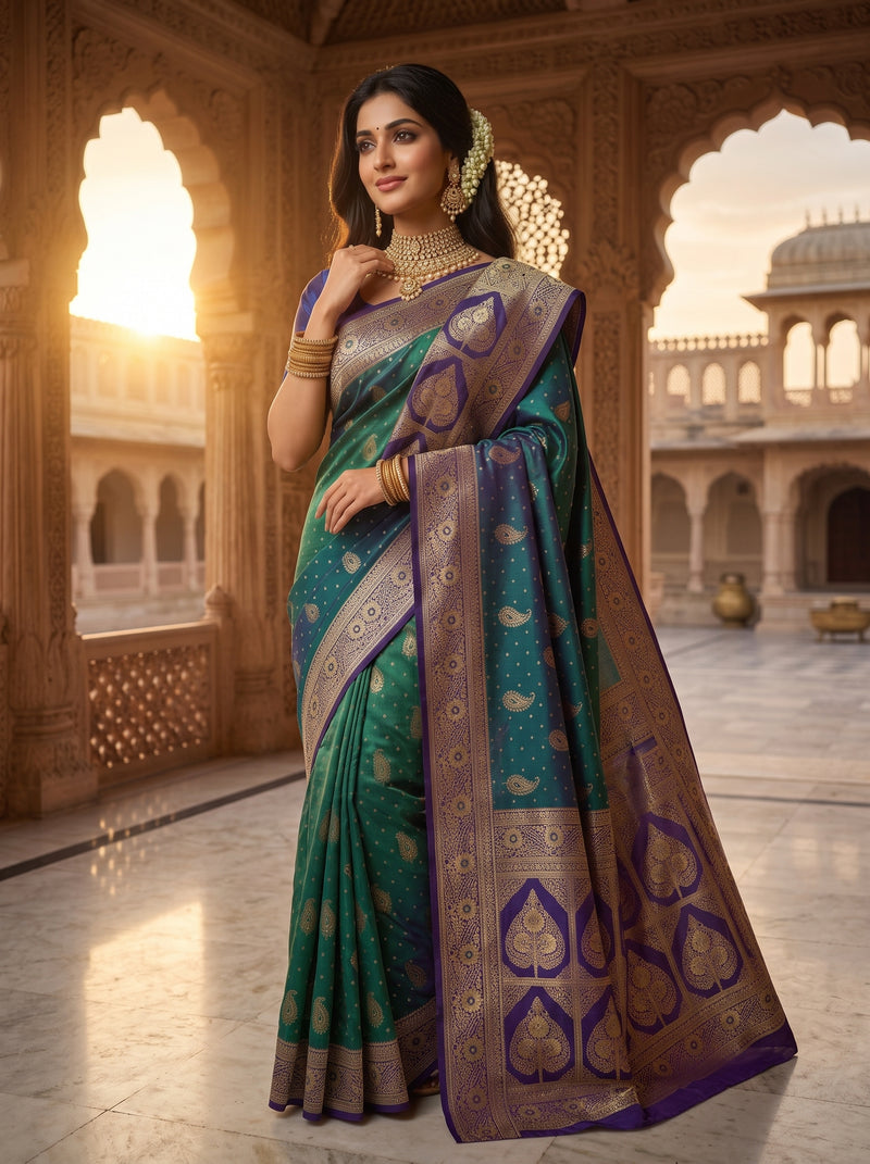Royal Peacock Green Art Silk Banarasi Saree with Purple Contrast Border & Blouse Piece