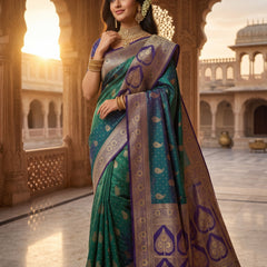 Royal Peacock Green Art Silk Banarasi Saree with Purple Contrast Border & Blouse Piece