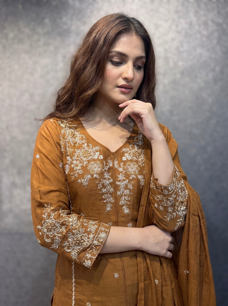 Caramel Brown Embroidered Kurta Set with Palazzo and Dupatta