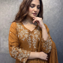 Caramel Brown Embroidered Kurta Set with Palazzo and Dupatta