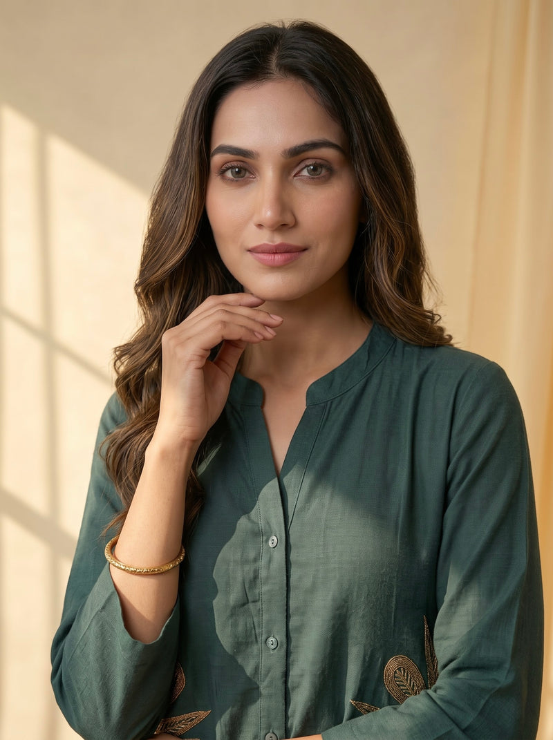 Forest Green Linen Co-ord Set with Gold Sunburst Embroidery