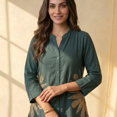 Forest Green Linen Co-ord Set with Gold Sunburst Embroidery