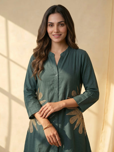Forest Green Linen Co-ord Set with Gold Sunburst Embroidery