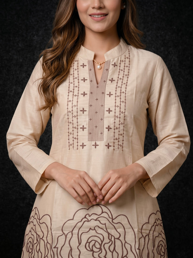 Beige Kurta with Brown Embroidered Yoke and Rose Motifs