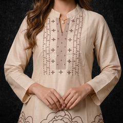 Beige Kurta with Brown Embroidered Yoke and Rose Motifs
