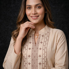 Beige Kurta with Brown Embroidered Yoke and Rose Motifs