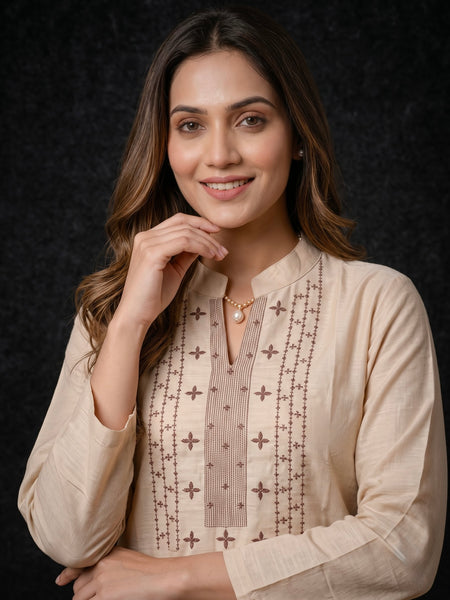 Beige Kurta with Brown Embroidered Yoke and Rose Motifs