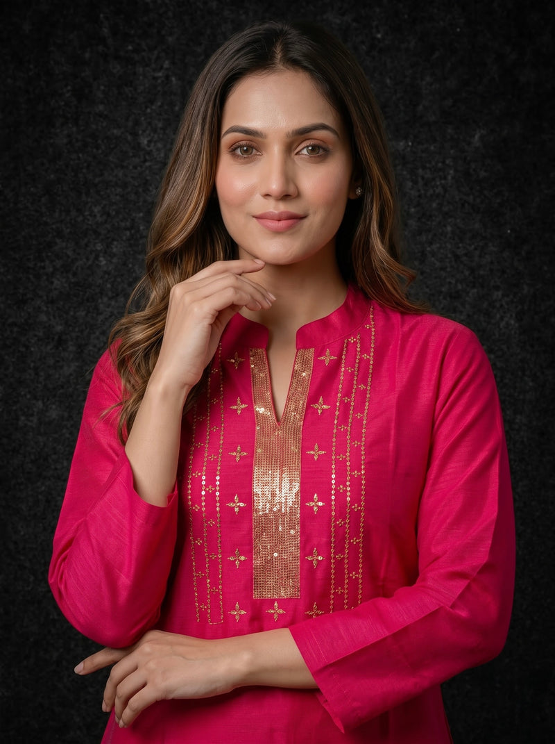 Magenta Kurta with Gold Sequin Yoke and Rose Embroidery