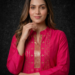 Magenta Kurta with Gold Sequin Yoke and Rose Embroidery